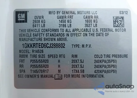 2012 GMC Acadia Denali from USA, damaged, VIN 1GKKRTED6CJ288802